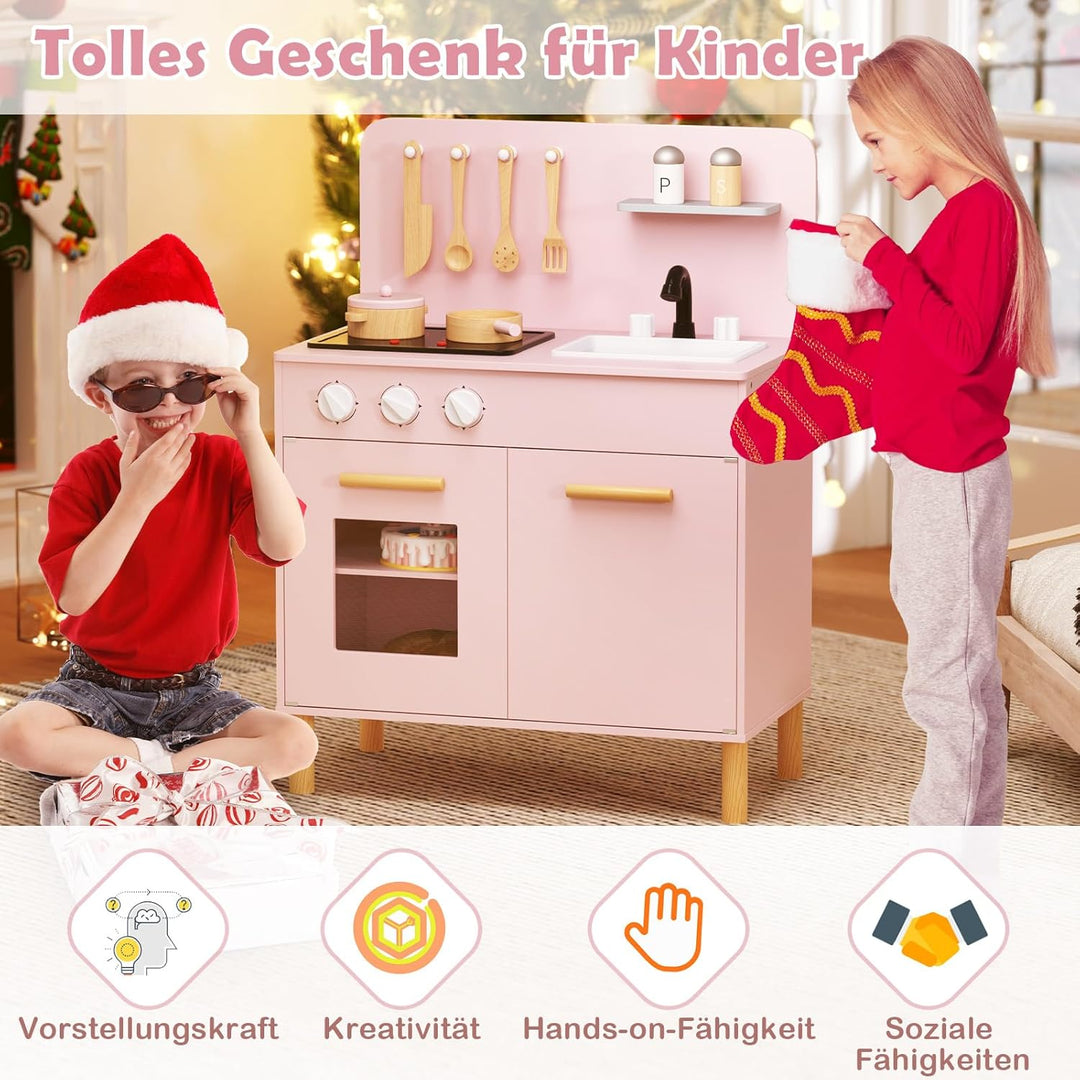COSTWAY Kinderküche mit 10 Zubehör, Spielküche Holz mit Licht und Sound, Spielzeugküche mit Herd & S