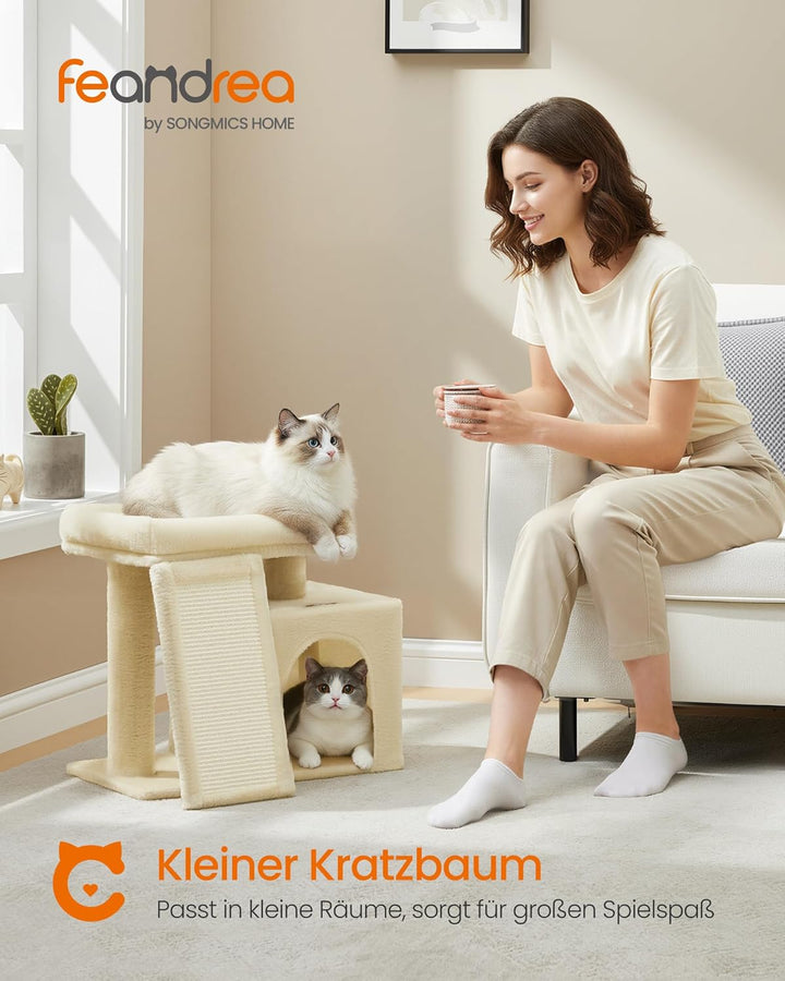 Feandrea Kratzbaum klein, Katzenbaum mit Kratzrampe und grosser Plattform, Katzenkratzbaum mit Höhle