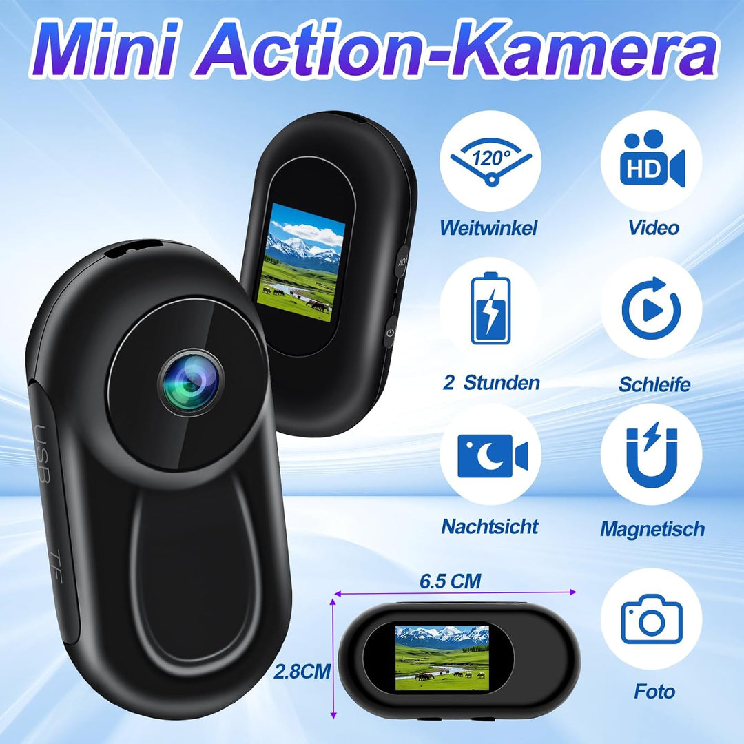 TANGMI Mini Kamera Action, Magnetische Halterung Mini Action Cam Bodycam, Integrierter Bildschirm Ac