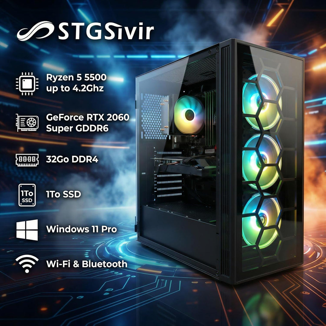 STGsivir Gaming PC, GeForce RTX 2060 Super 8GB GDDR6,Ryzen 5 5500 bis zu 4.2 Ghz,32G DDR4,1TB SSD,WL
