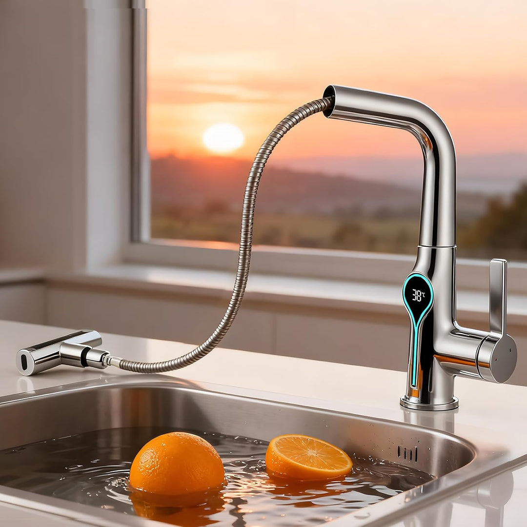 Wasserhahn Küche mit LED Temperaturanzeige, Wasserhahn Küche Ausziehbar, Hochdruck Küchenarmatur mit