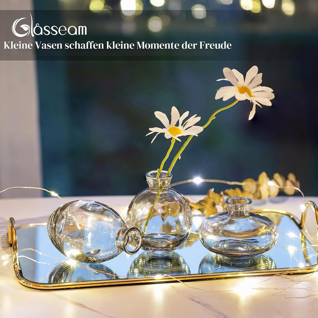 Kleine Vasen Für Tischdeko Vintage Handmade, 3 Teilig Mini Vase Glas Grau Blumenvase Modern Set Vers