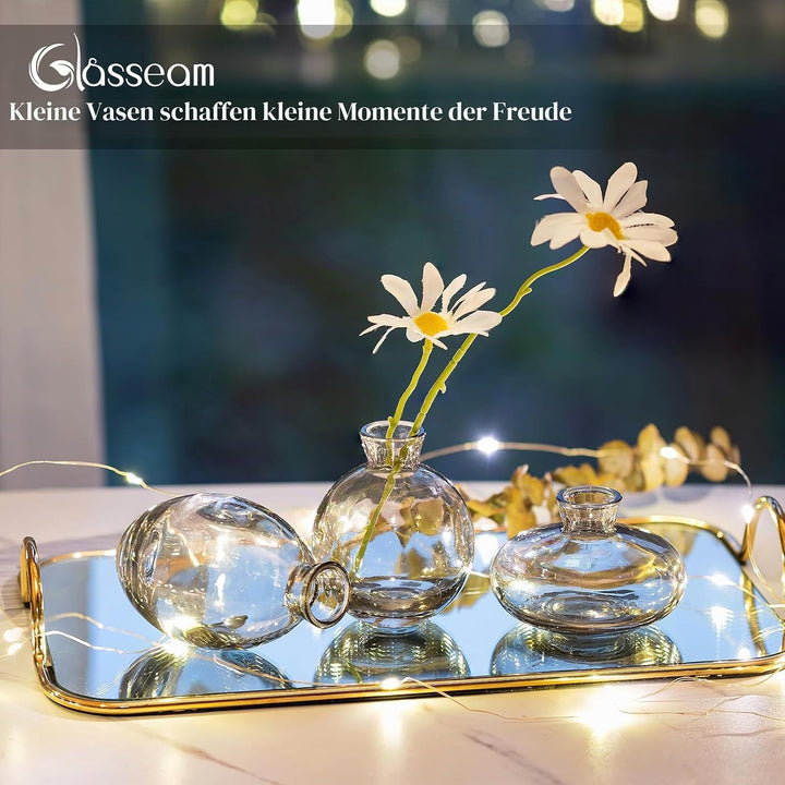 Kleine Vasen Für Tischdeko Vintage Handmade, 3 Teilig Mini Vase Glas Grau Blumenvase Modern Set Vers