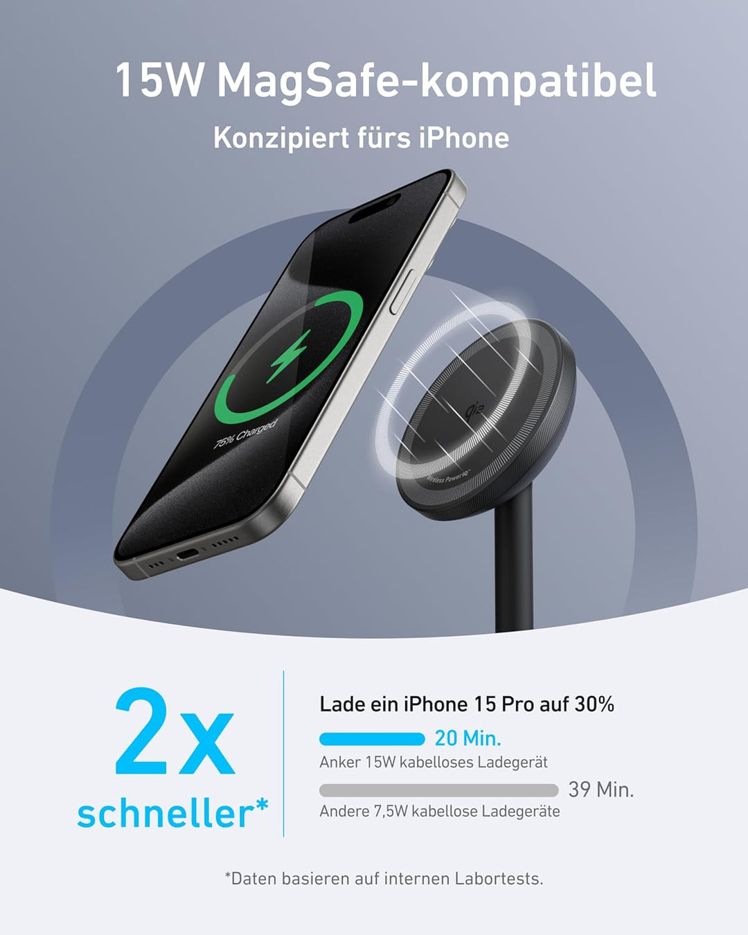 Anker MagGo kabellose Ladestation, 15W Qi2 für MagSafe, Ständer mit USB-C Kabel, Magnetisches Ladege