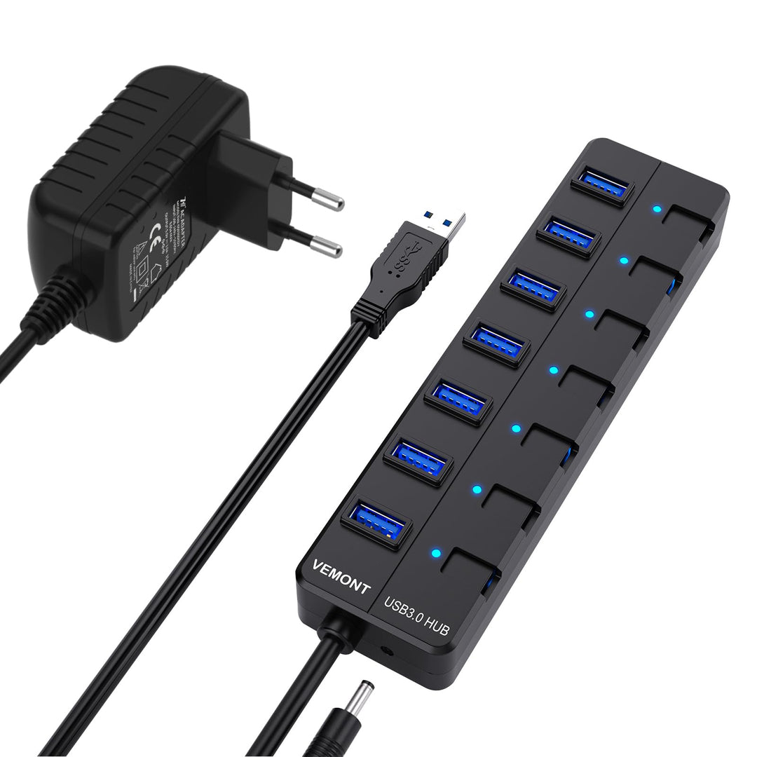 USB 3.0 Hub mit Netzteil,VEMONT 7 Ports USB Hub Aktiv USB Verteiler 5Gbps und Einzelne EIN/Aus-Schal