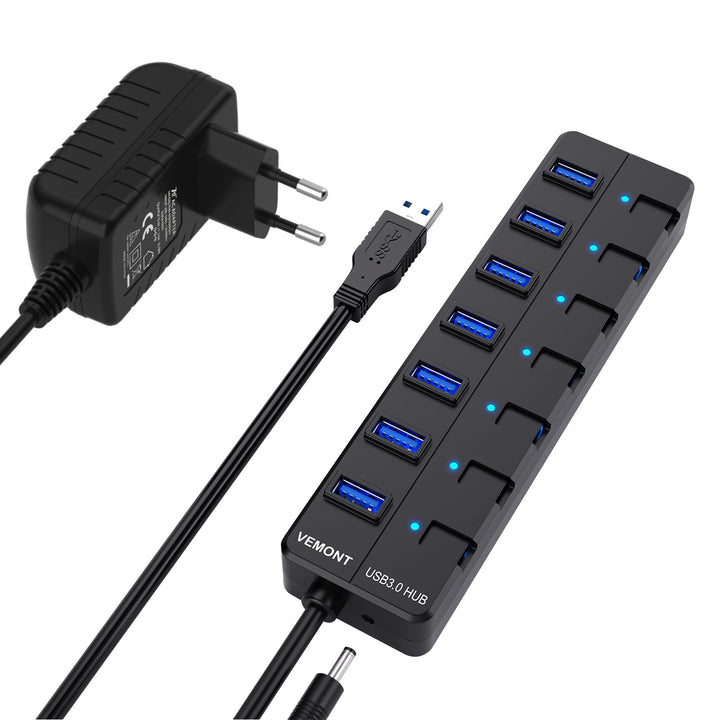 USB 3.0 Hub mit Netzteil,VEMONT 7 Ports USB Hub Aktiv USB Verteiler 5Gbps und Einzelne EIN/Aus-Schal