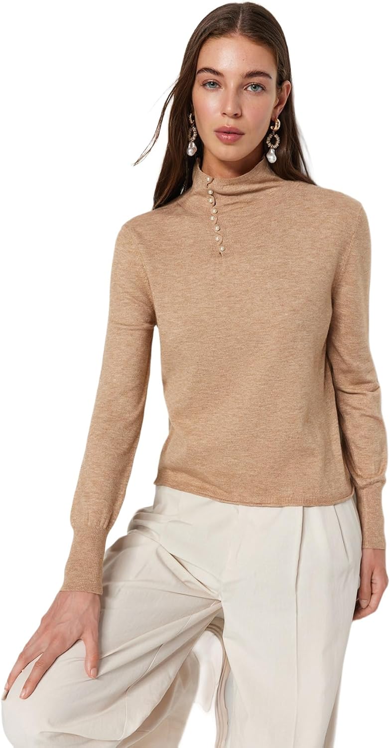 TRENDYOL Damen Slim Fit Basic Standing Collar Knitwear Sweater Pullover M Beige, M Beige