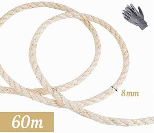 ilauke 60M Sisalseil für Kratzbaum 8mm, 100% Natur Sisal Seil mit Handschuhe, Weiss Hanfseil Sisal S