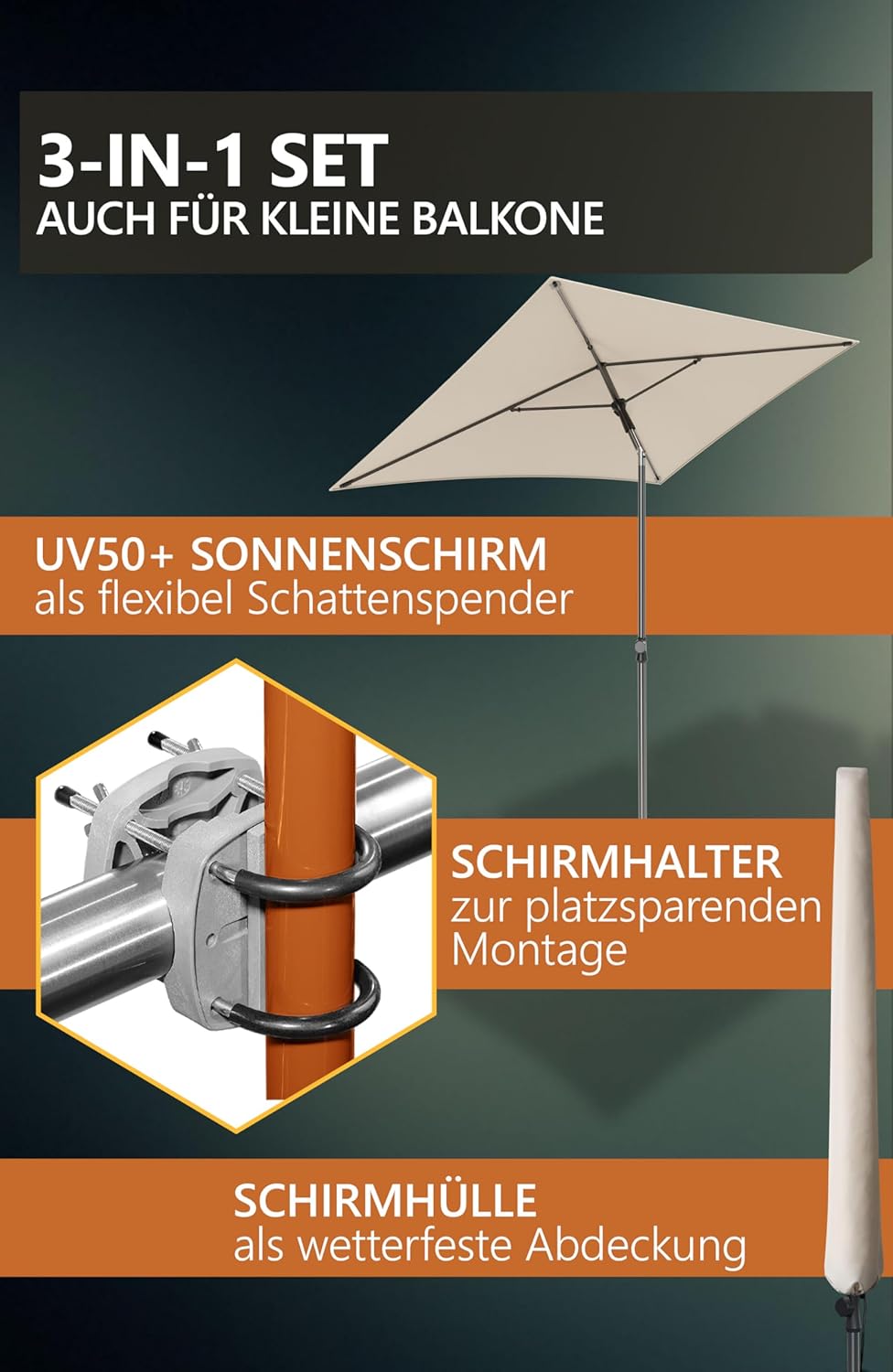 4smile Sonnenschirm Balkon SunnyShade Plus, Sonnnenschutz Balkon SET 3-in-1, Beige - UV50+ Sonnensch