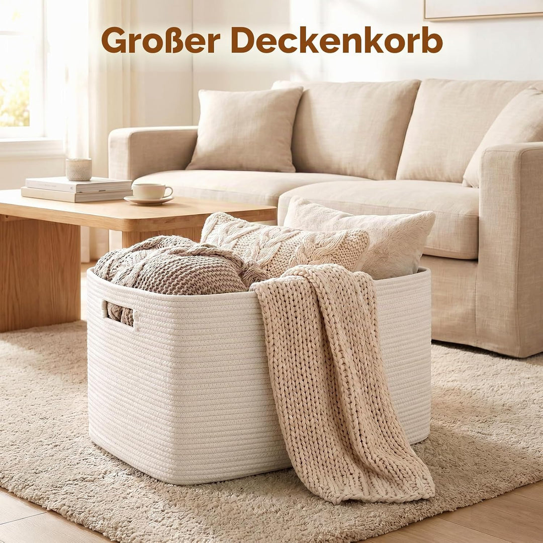 OIAHOMY Grosser Baumwollseilkorb mit Griff, 75 l, gewebter Aufbewahrungskorb für Decken, Spielzeug,