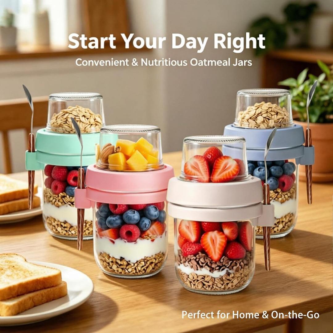 Müslibecher To Go 4er Set, 480ml+120ml Overnight Oats Gläser, Joghurtbecher To Go mit Löffel, Meal P