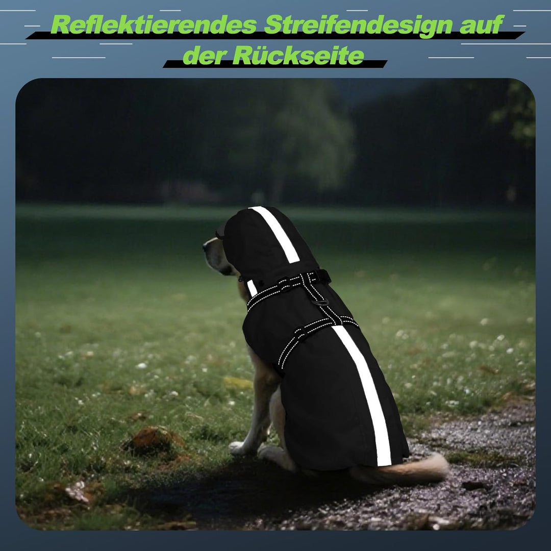 Hunderegenmantel wasserdicht, Regenjacke mit reflektierenden Streifen, H-Brustgeschirr (D-Ring) & Ab