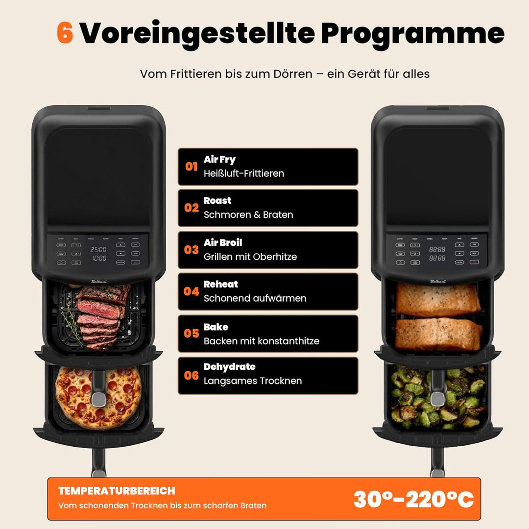 Heissluftfritteuse Doppelkammer XXL 11L | Double Stack Air Fryer 2 Kammern übereinander | 2500W Dual