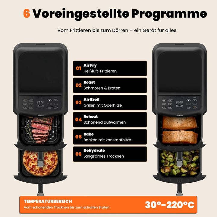 Heissluftfritteuse Doppelkammer XXL 11L | Double Stack Air Fryer 2 Kammern übereinander | 2500W Dual