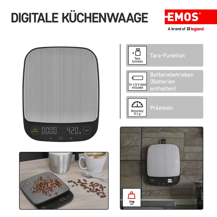 EMOS - digitale Kaffeewaage aus Edelstahl - Küchenwaage für Barista - 3kg Maximalgewicht, 0,1g Präzi