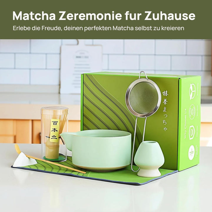 Matcha Set 7-tlg, Hellgrün Matcha Schale aus Keramik mit Matcha Besen aus Bambus und Besenhalter, Si