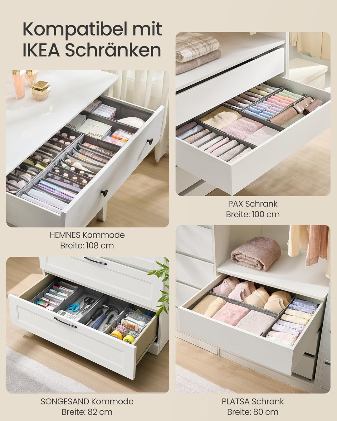 SONGMICS Unterwäsche-Organizer 4er Set, Schubladen-Organizer für IKEA PAX Kleiderschrank, mit Trennw