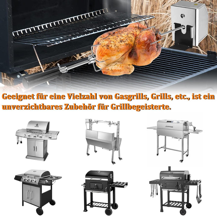 ACXIN Edelstahl Grillspiess Set 107cm mit Motor inkl. Fleischnadeln Elektrischer Drehspiess, Elektri