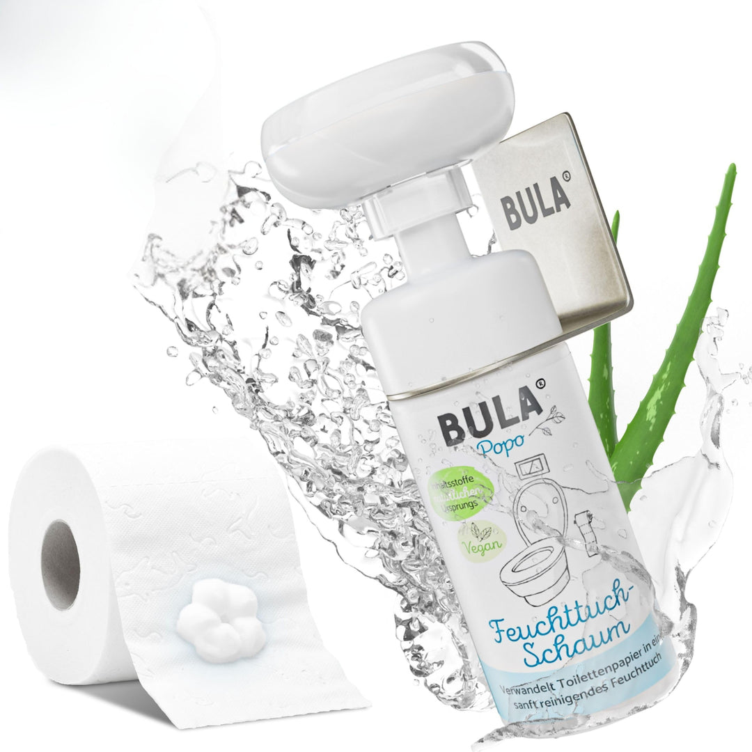 BULA® Popo Home Bundle | Feuchttuch-Schaum 150ml Flasche + Blumen-Schaumpumpe inkl. Edelstahl Halter