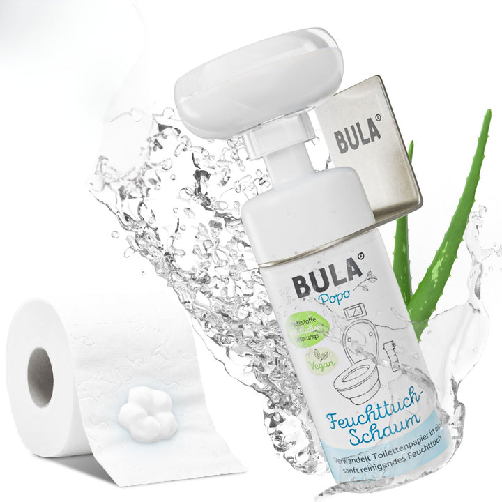 BULA® Popo Home Bundle | Feuchttuch-Schaum 150ml Flasche + Blumen-Schaumpumpe inkl. Edelstahl Halter