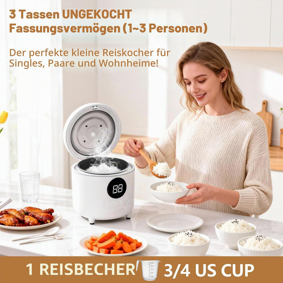 Reiskocher Klein, 3 Tassen (für 1-3 Personen), 6-in-1 Multikocher mit Slow Cook, 300W, Kompakt, Weis