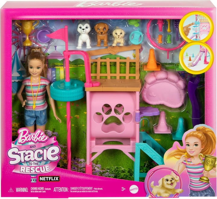 BARBIE und jüngere Schwester Stacie - Spielset mit Hündchen-Hindernisparcours mit drehendem Turm, Le