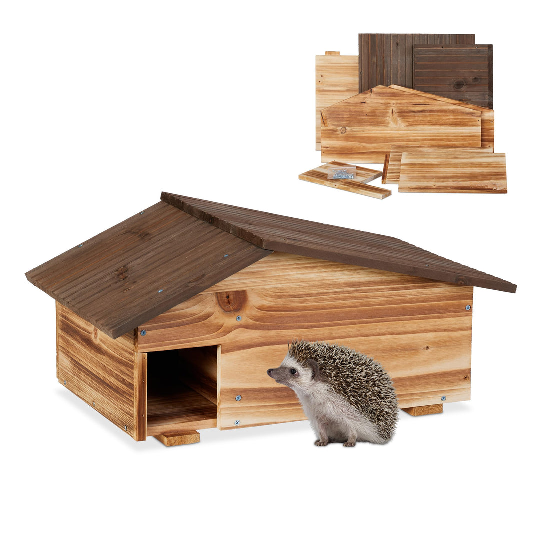 Relaxdays Igelhaus, Holz, Igelhotel mit Boden, 2 Kammern, Winterquartier für Igel, Garten, HBT: 24x4