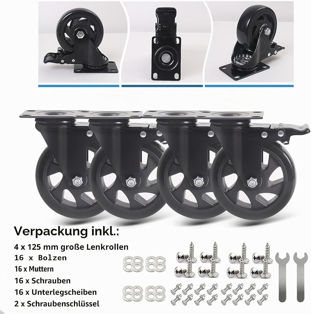 RRIUTO 4 Lenkrollen mit Bremse, 125 mm Transportrollen mit Bremse Strandkorbrollen Möbelrollen für M