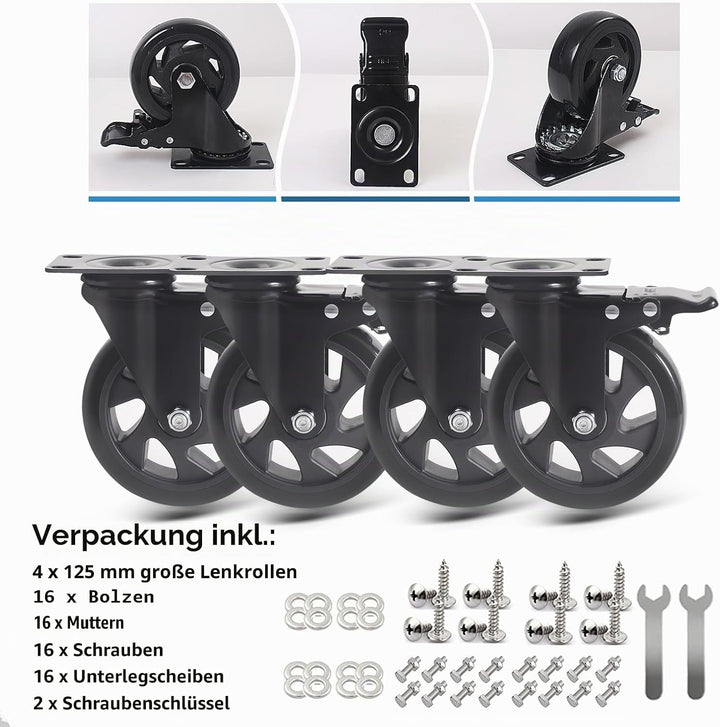 RRIUTO 4 Lenkrollen mit Bremse, 125 mm Transportrollen mit Bremse Strandkorbrollen Möbelrollen für M