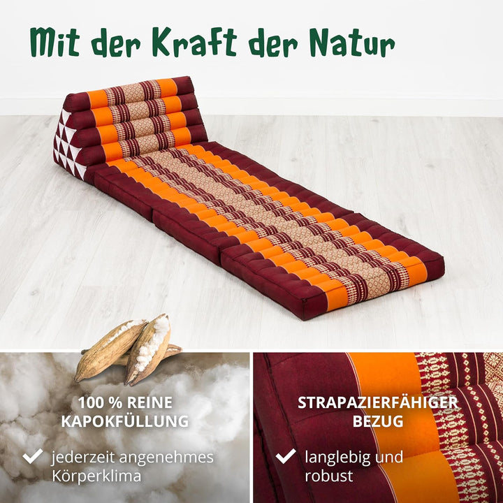 livasia Thaikissen 3 Auflagen extrahoch - 185x55x8cm - Dreieckskissen mit Klappmatratze, Kapok, Jumb