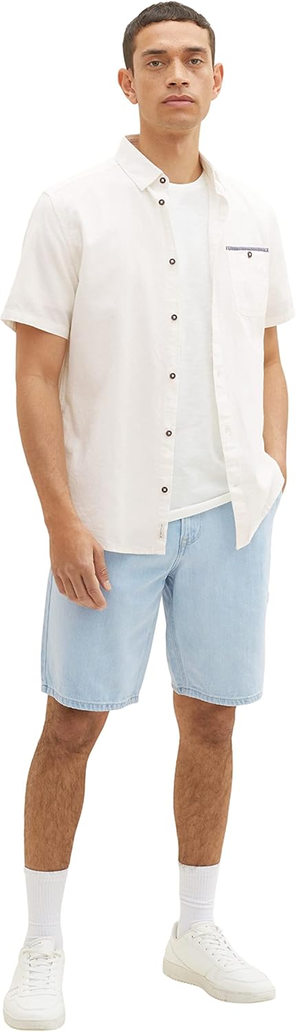TOM TAILOR Herren Chambray Kurzarm-Hemd mit Brusttasche S 10332 - Off White, S 10332 - Off White