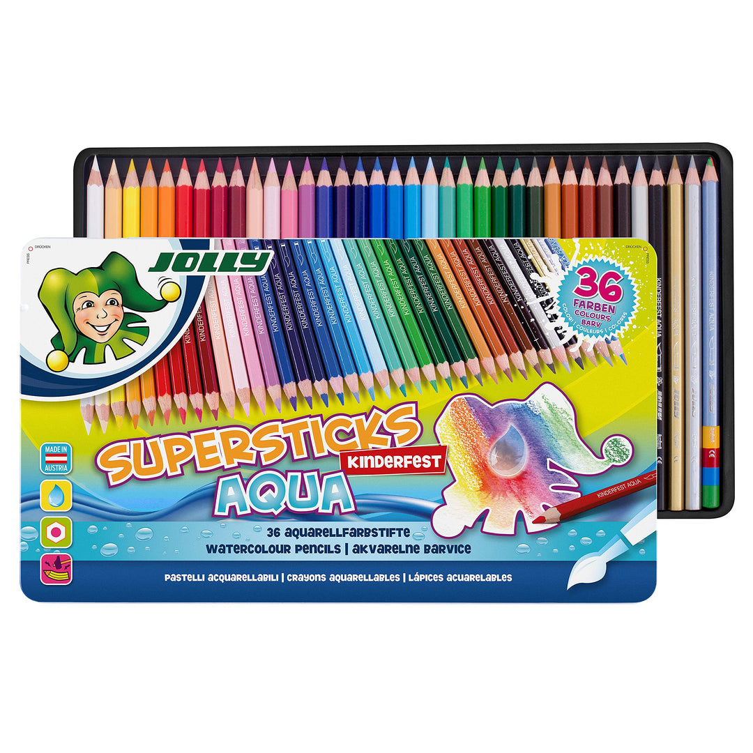 JOLLY Superstick Aqua Buntstifte, Wasservermalbare Farbstifte, 36 Stück, aquarellierbar, bruchsicher
