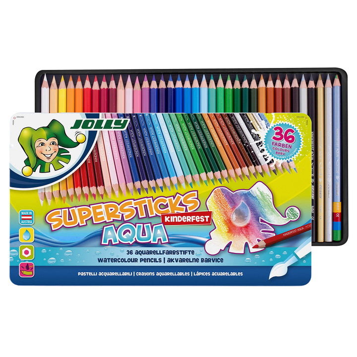 JOLLY Superstick Aqua Buntstifte, Wasservermalbare Farbstifte, 36 Stück, aquarellierbar, bruchsicher