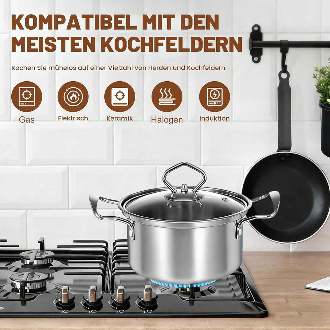 Topfset Induktion 10-Teilig, Topfset aus Edelstahl mit Glasdeckel | Induktions Töpfe set, für alle H