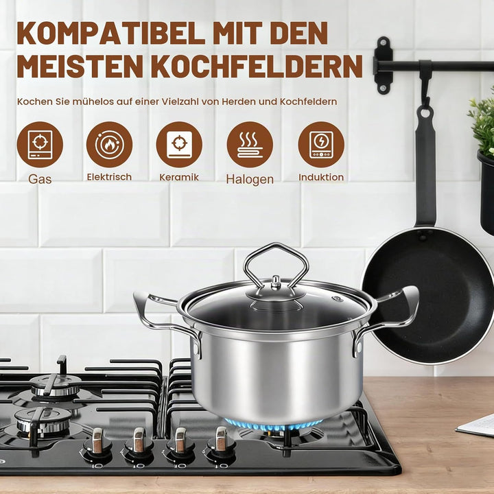 Topfset Induktion 10-Teilig, Topfset aus Edelstahl mit Glasdeckel | Induktions Töpfe set, für alle H