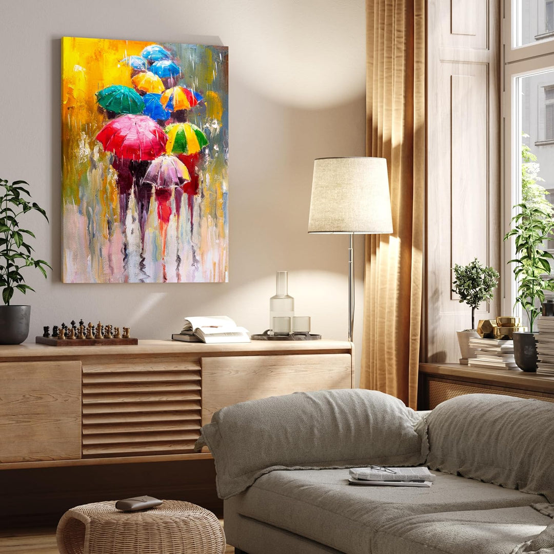 wandmotiv24 Leinwandbild Malerei, 80x60cm, Hochformat, Regenschirme, Menschen, Deko, Bilder auf Lein