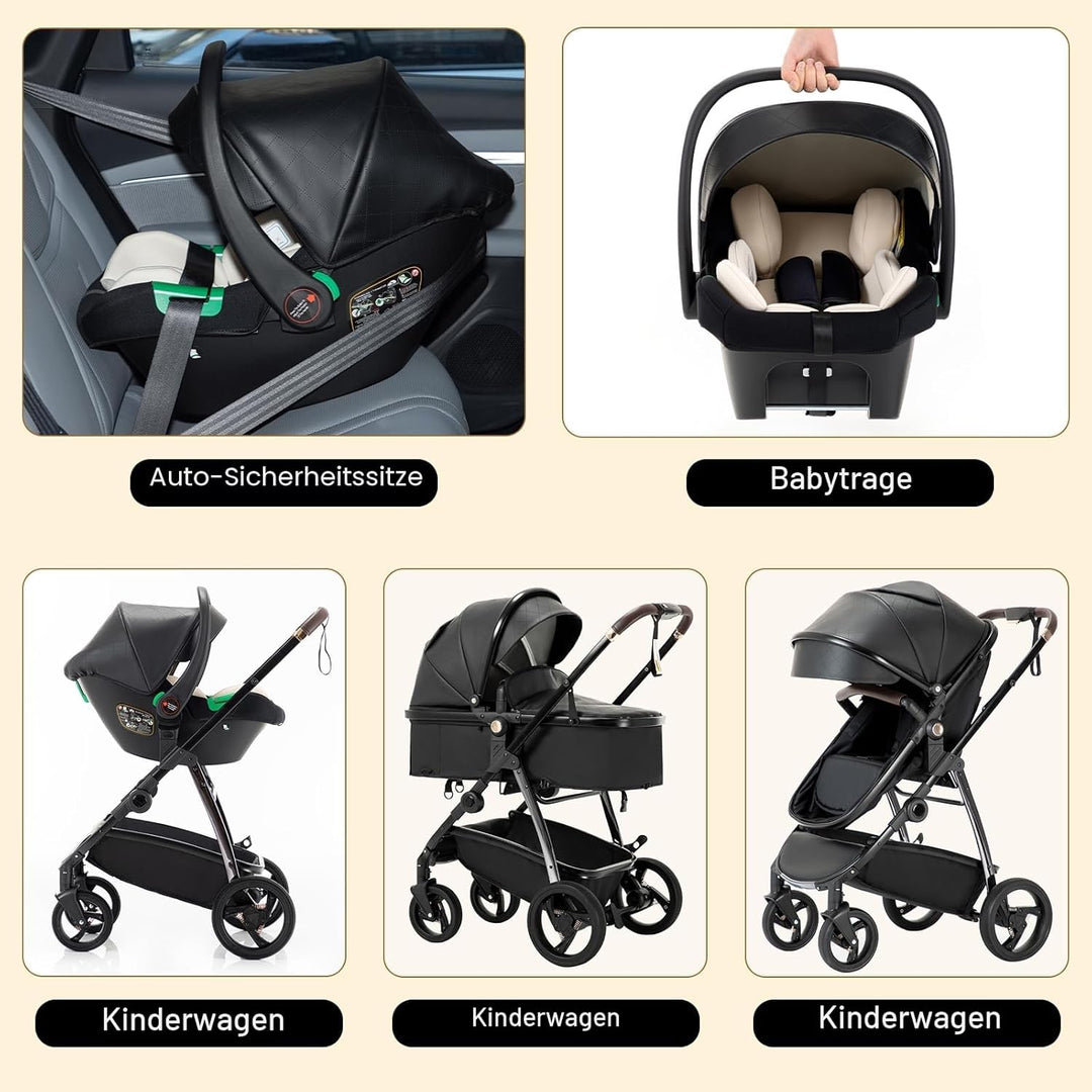 Gcarebb 3-in-1-Kinderwagen aus PU-Leder, Stadtkinderwagen mit Autositz, tragbarer Ein-Klick-Klappsto