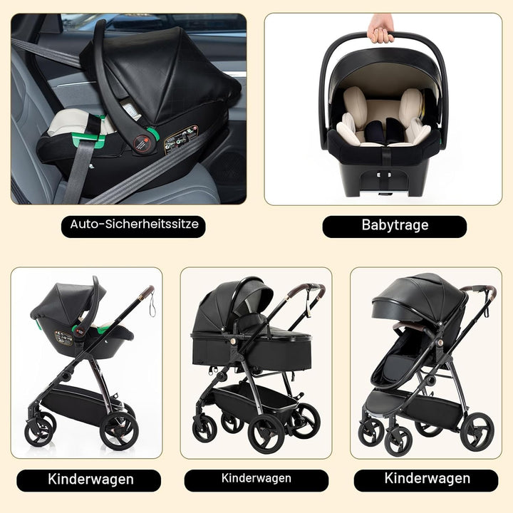 Gcarebb 3-in-1-Kinderwagen aus PU-Leder, Stadtkinderwagen mit Autositz, tragbarer Ein-Klick-Klappsto