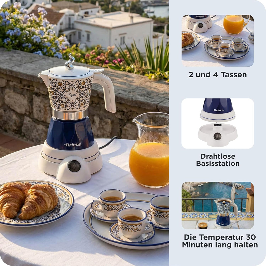 Ariete 1358/1C Moka Aroma Capri, elektrischer Mokka, 400 W, 2/4 Tassen, kabellos, automatische Absch