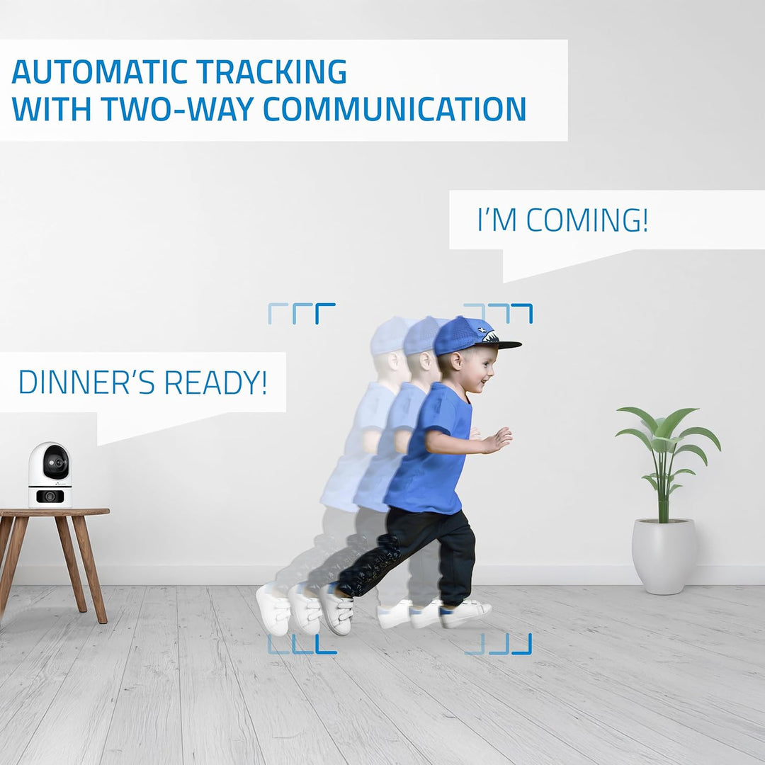 NIVIAN 2K Dual-motorisierte WLAN-Überwachungskamera für den Innenbereich, Doppelobjektiv, ohne Toten