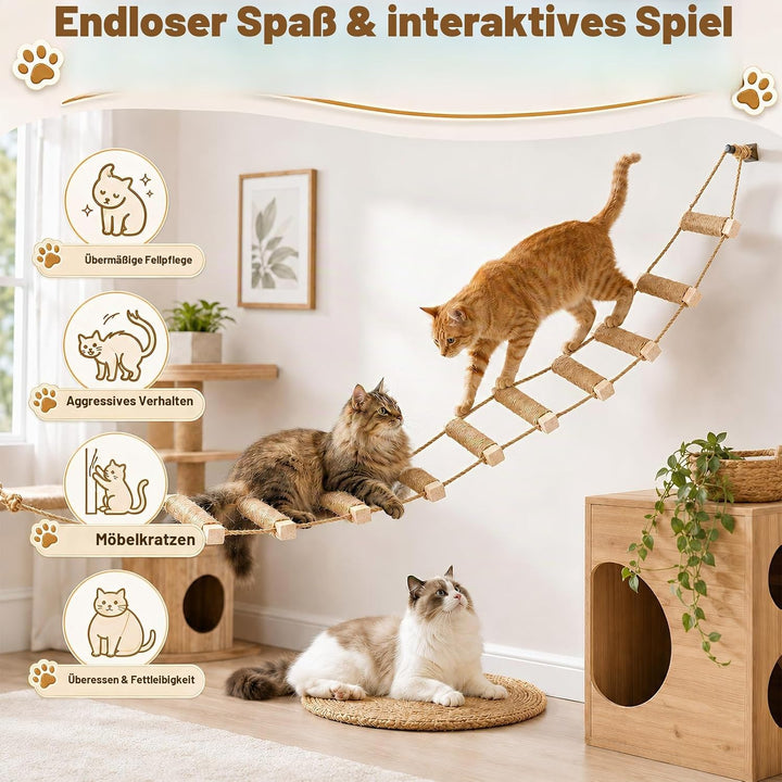 108cm Katzenleiter Wandmontiert, 3-in-1 Sisal Kletterbrücke &amp; Hängematte aus Massivholz, Faltbare Ju