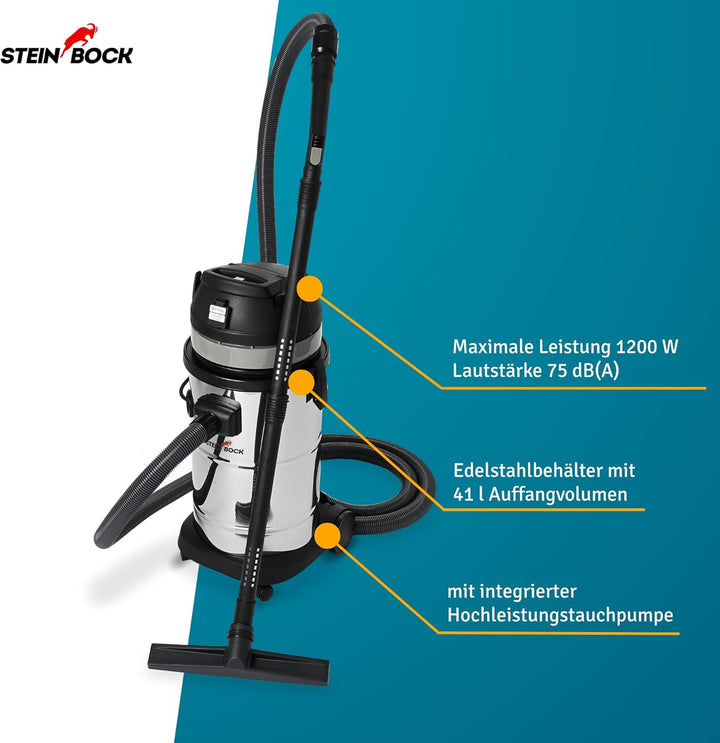 Steinbock Pumpsauger | 1.200 Watt | 41 l Edelstahlbehälter | Nasssauger mit integrierter Tauchpumpe