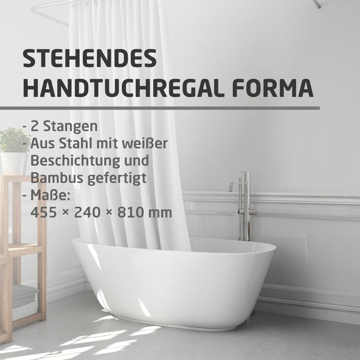 Amig - Weisser freistehender Handtuchhalter mit Holzstangen - Doppelständer für Badetücher - Minimal