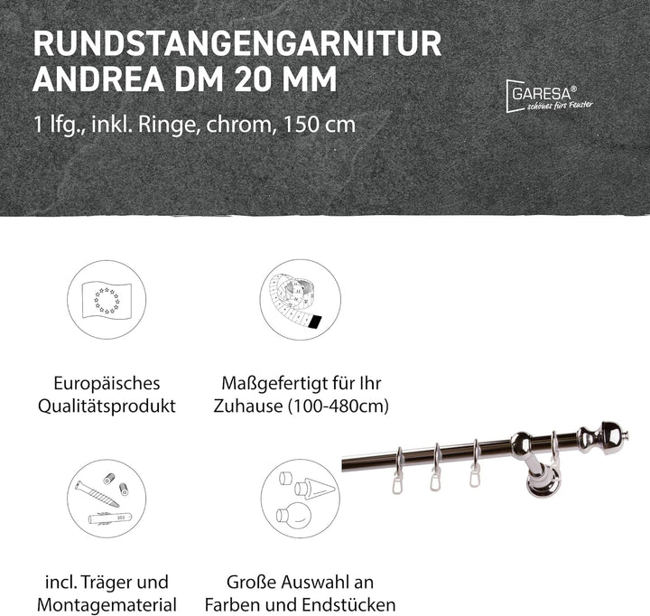 Garesa Gardinenstange Andrea Ø 20mm, 1-läufig, Chrom I Stabile Vorhangstange inkl. Ringe + Faltenleg