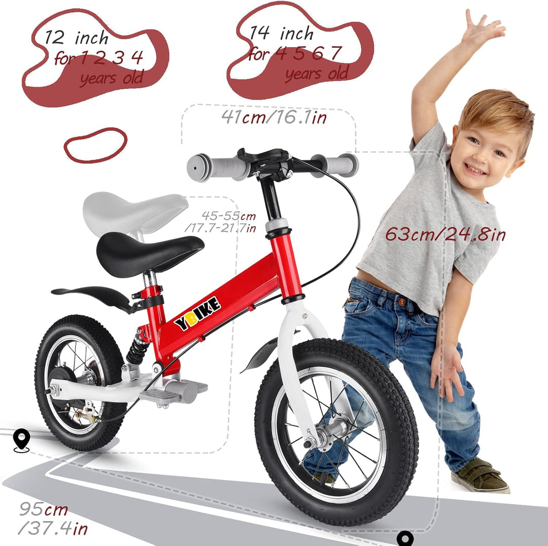 YBIKE Laufrad 2 in1, kinderfahrrad Mit Pedalen, Stossdämpfern, Schutzblechen,12 14 Zoll laufräder Ge