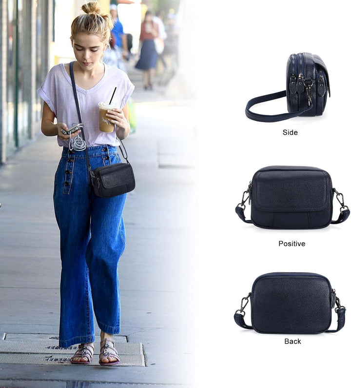 HAWEE Damen Handy Umhängetasche Echtes Leder Crossbody Schultertasche mit 3 Reissverschlüsse Kleine