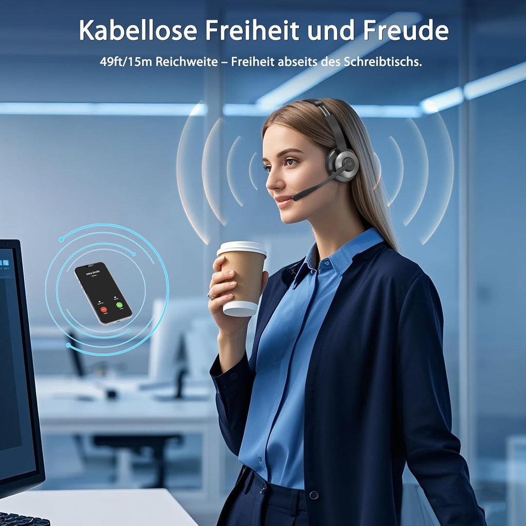 Bluetooth Headset mit Mikrofon, Kabelloses Office Headset mit ENC Mikrofon Black/Grey, Black/Grey