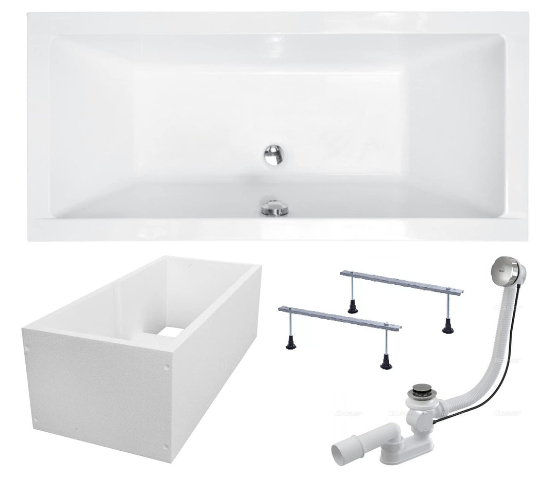 BADLAND Badewanne Original Weiss Acryl Wanne Rechteck QUADRO 170x75 KOMPLETTSET SET mit Premium Wann