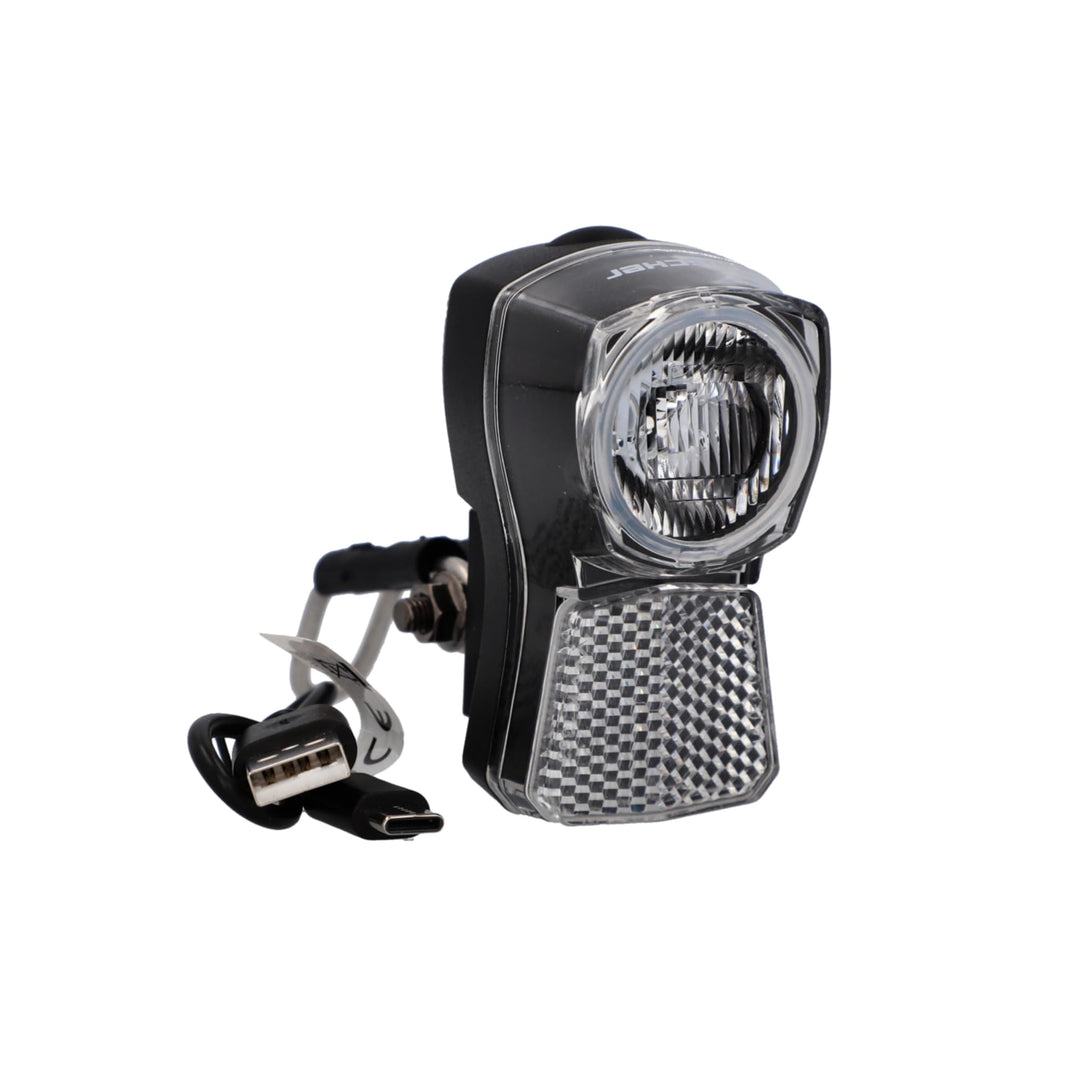 FISCHER Fahrrad LED-Frontlicht 45/20 Lux, mit Akku und USB-Ladefunktion, Dynamo-Look, Spritzwassersc
