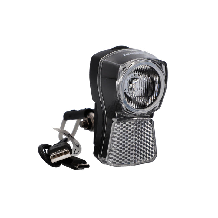 FISCHER Fahrrad LED-Frontlicht 45/20 Lux, mit Akku und USB-Ladefunktion, Dynamo-Look, Spritzwassersc